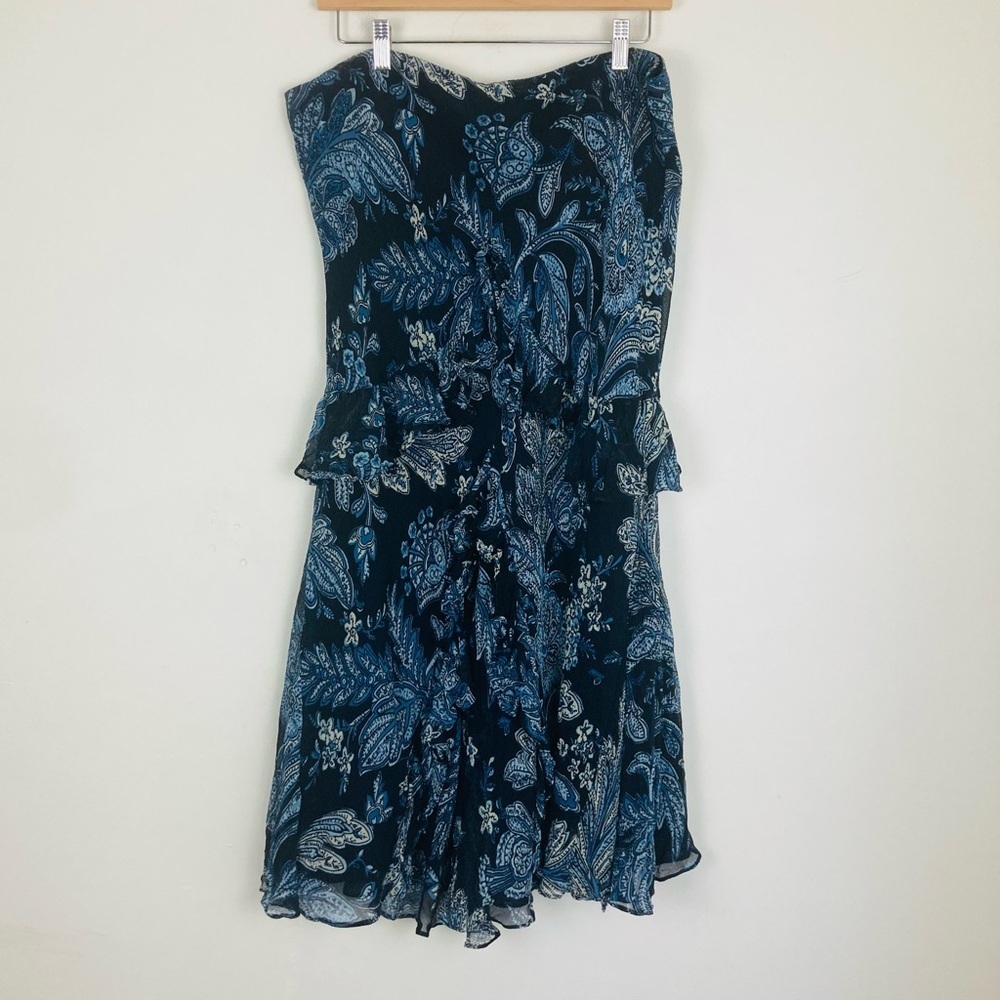 Lauren Ralph Lauren navy & baby blue floral silk ruffle front bias skirt. XL